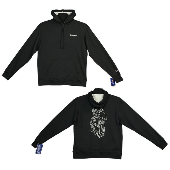 Champion Mens Fleece Graphic Pullover Hoodie Size L Black Double Layered Hood